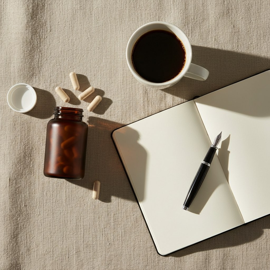 Supplement bottle, open notebook, and coffee in a quiet morning workspace